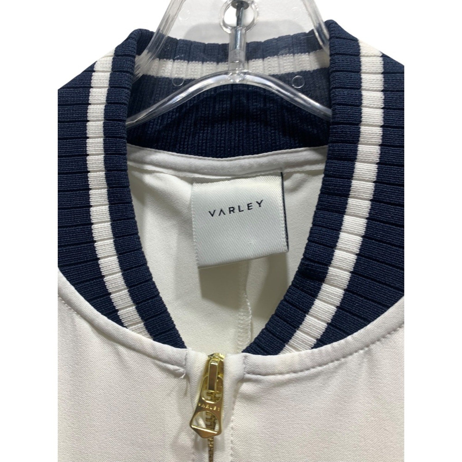 VARLEY Womens White Navy Trim Bomber Jacket Zip Front Athletic Style Size Small