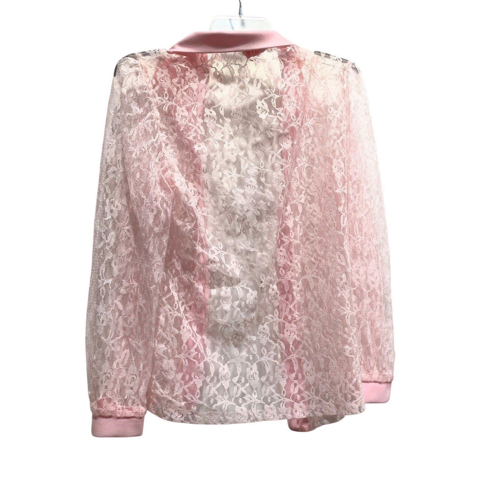 Vintage Bonne Pink Sheer Floral Lace Zip Up Jacket Collared Made in USA Womens