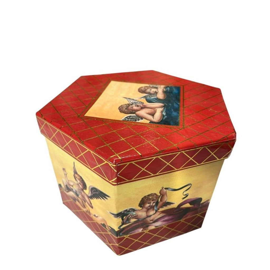 Vintage Angel Cherub Hexagonal Keepsake Box and Ornaments Red Gold