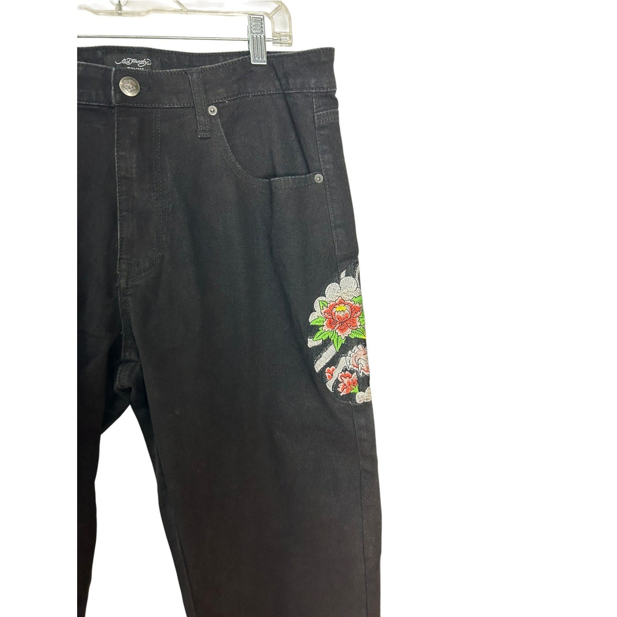 Ed Hardy Black Embroidered Foo Dog Jeans Mens 36 Y2K Streetwear Tattoo street