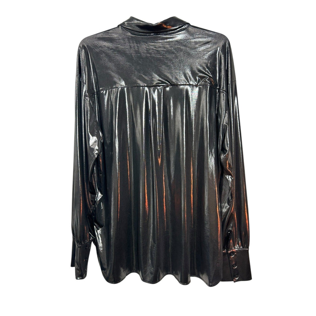 Anthropologie The Gillian Liquid Shine Metallic Buttondown Shirt Charcoal Grey L