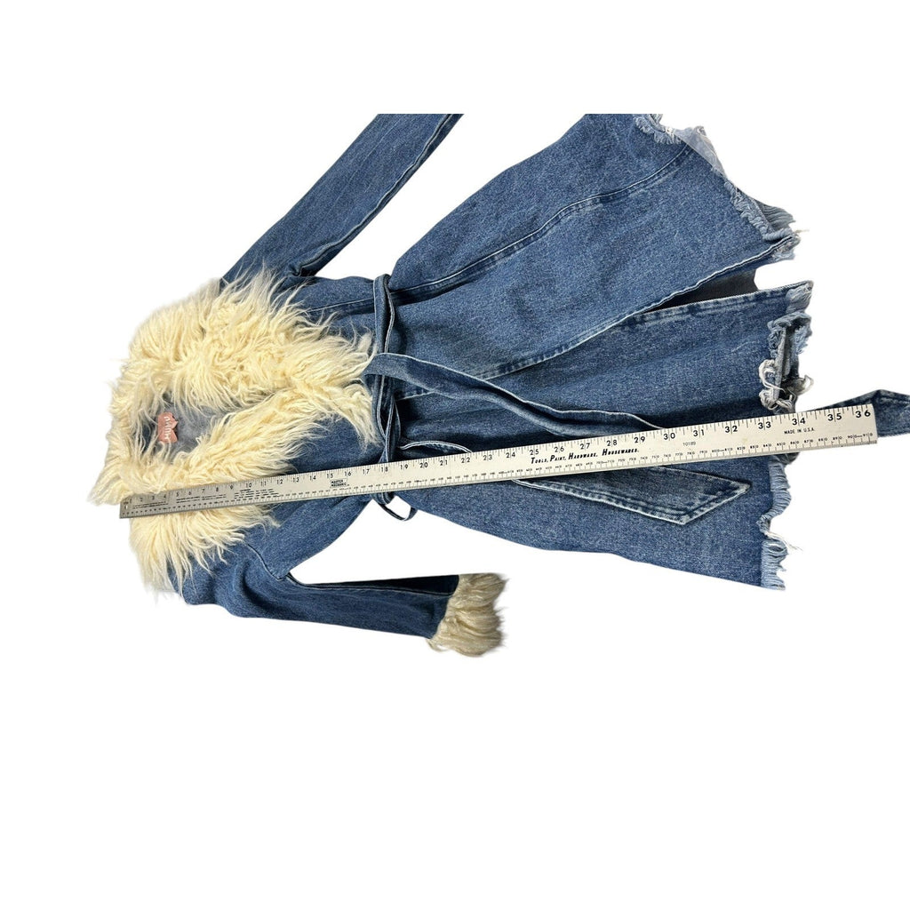 Show Me Your Mumu Penny Lane Coat Blue Denim Faux Fur Trim Wrap Jacket XS 70s