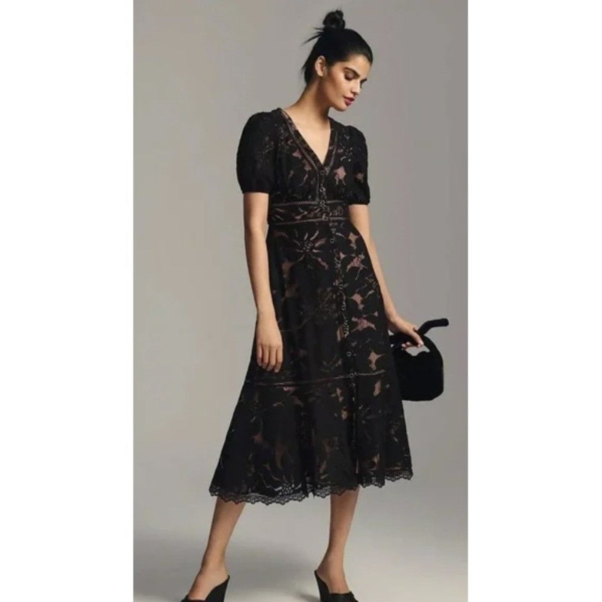 Anthropologie Ophelia Puff Sleeve Elegant Black Lace Dress Midi V Neck size 6