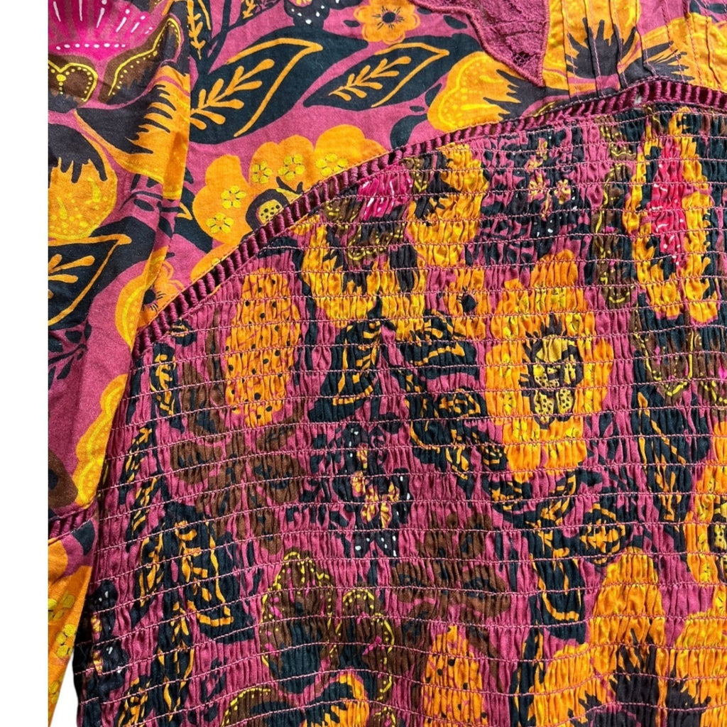 Farm Rio Garden Bloom Smocked Floral Crop Blouse Pink Orange Size M