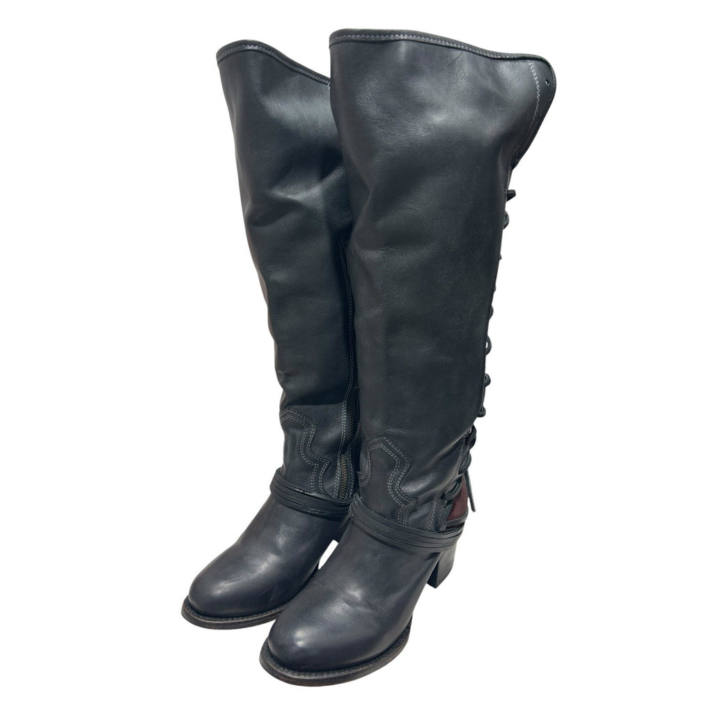 Freebird by Steven Coal Black Leather Over The Knee Lace Up Boots Womens 9