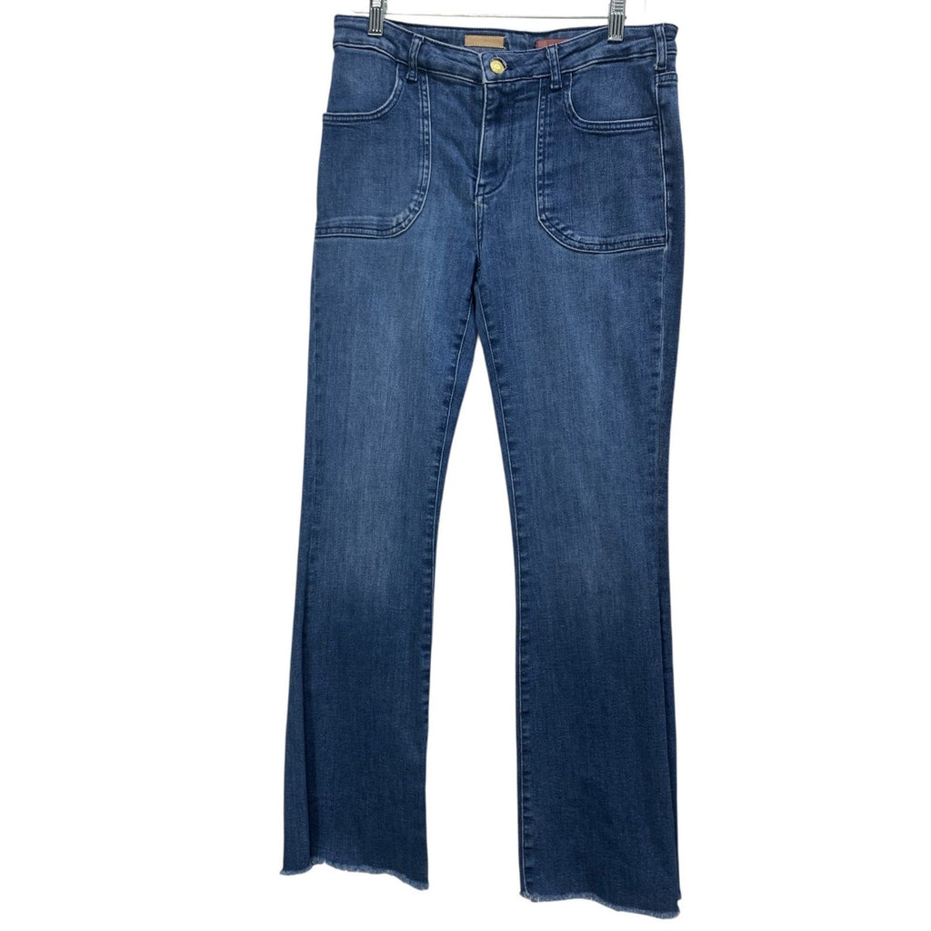 Pilcro and the Letterpress Flare Jeans Medium Wash Patch Pocket Raw Hem 29