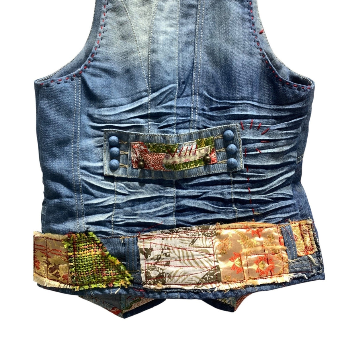 Desigual Patchwork Denim Vest Blue Floral Embroidered Boho Artisanal Size M y2k