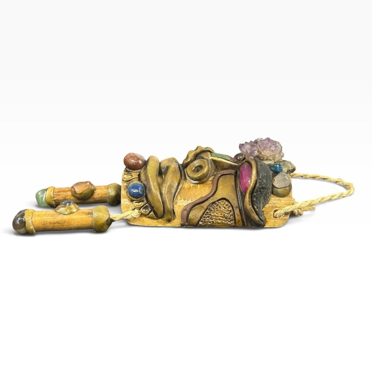 Vintage Brazilian Bamboo Mask with Amethyst and Gemstones Folk Art Wall Decor 6"