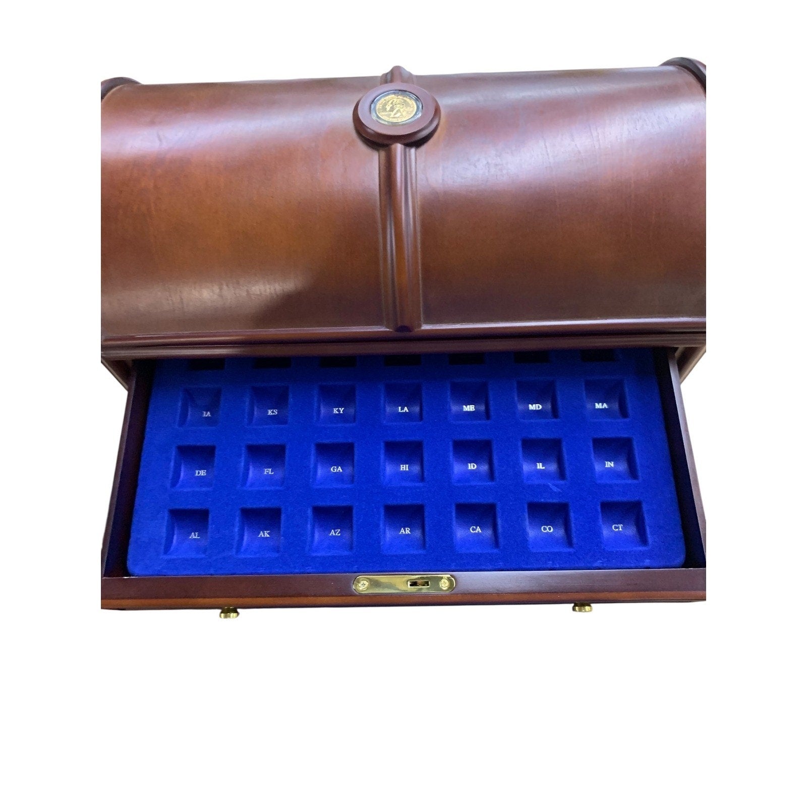 Vintage Wooden Coin Collectors Chest Roll Top Storage Box Display Case