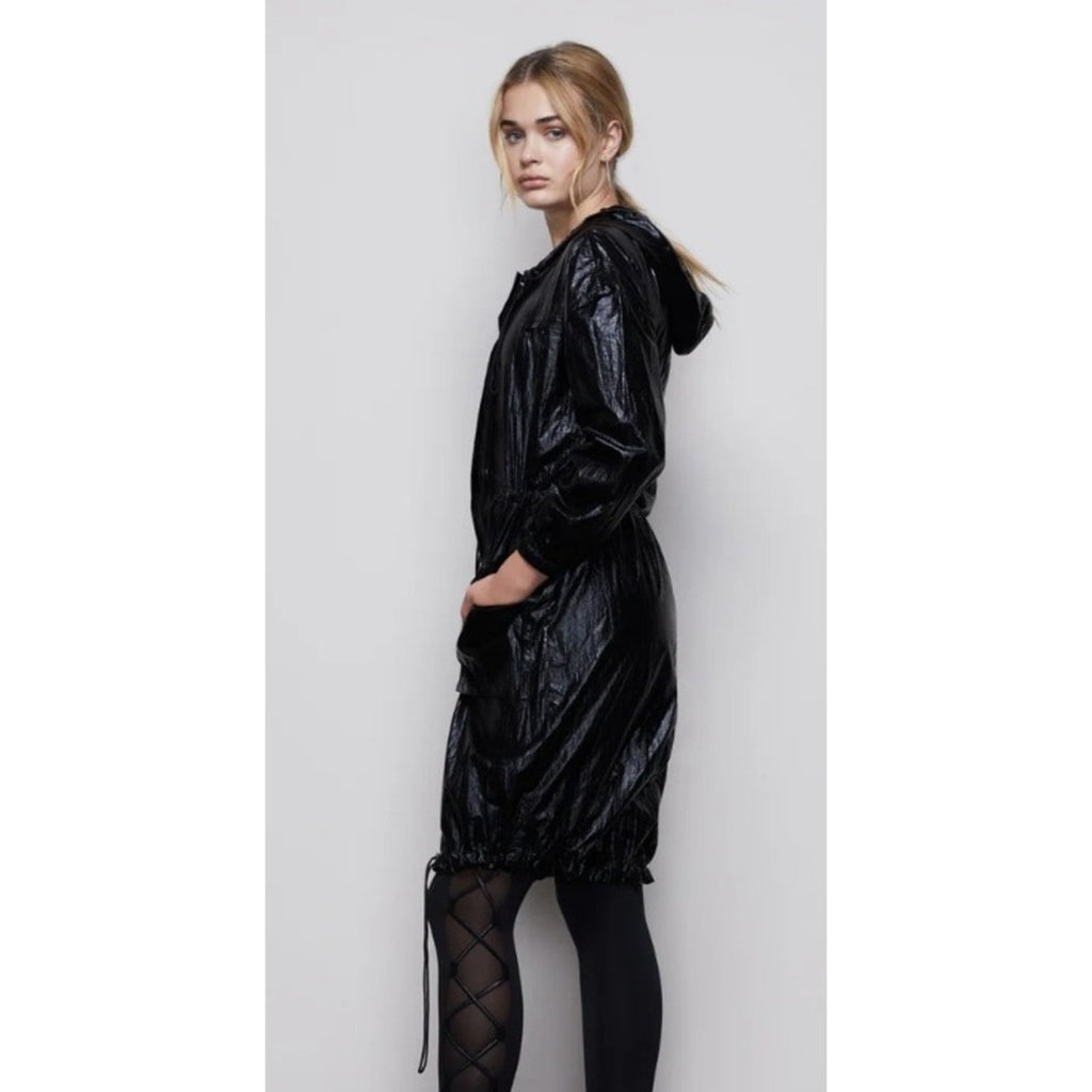 GOOD AMERICAN the metallic duster Black Metallic  Hooded Jacket Drawstring SZ 1