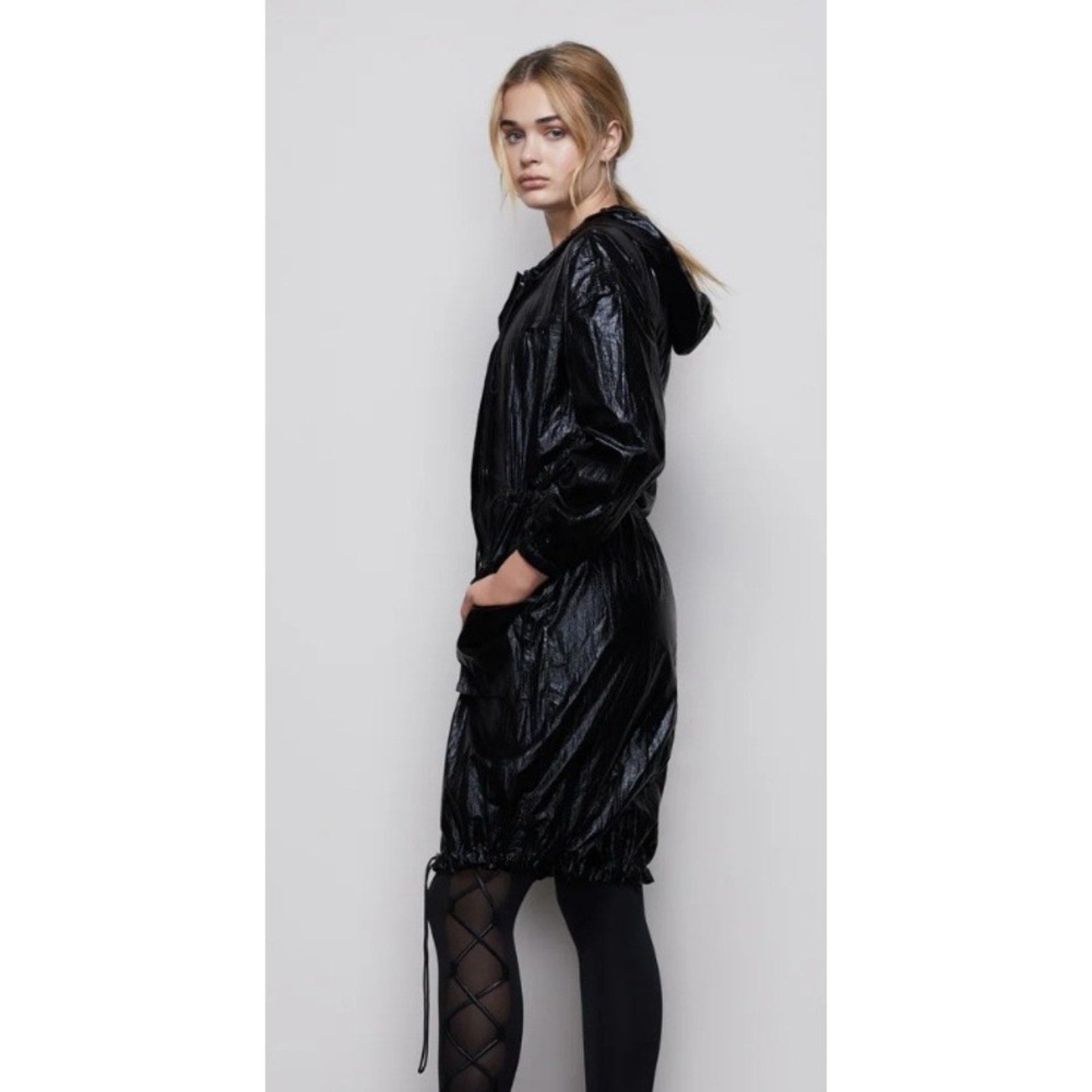GOOD AMERICAN the metallic duster Black Metallic  Hooded Jacket Drawstring SZ 1