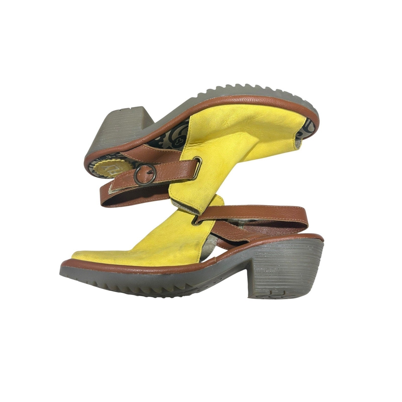 Fly London Yate Yellow Brown Leather Slingback Peep Toe Block Heel Sandals 39