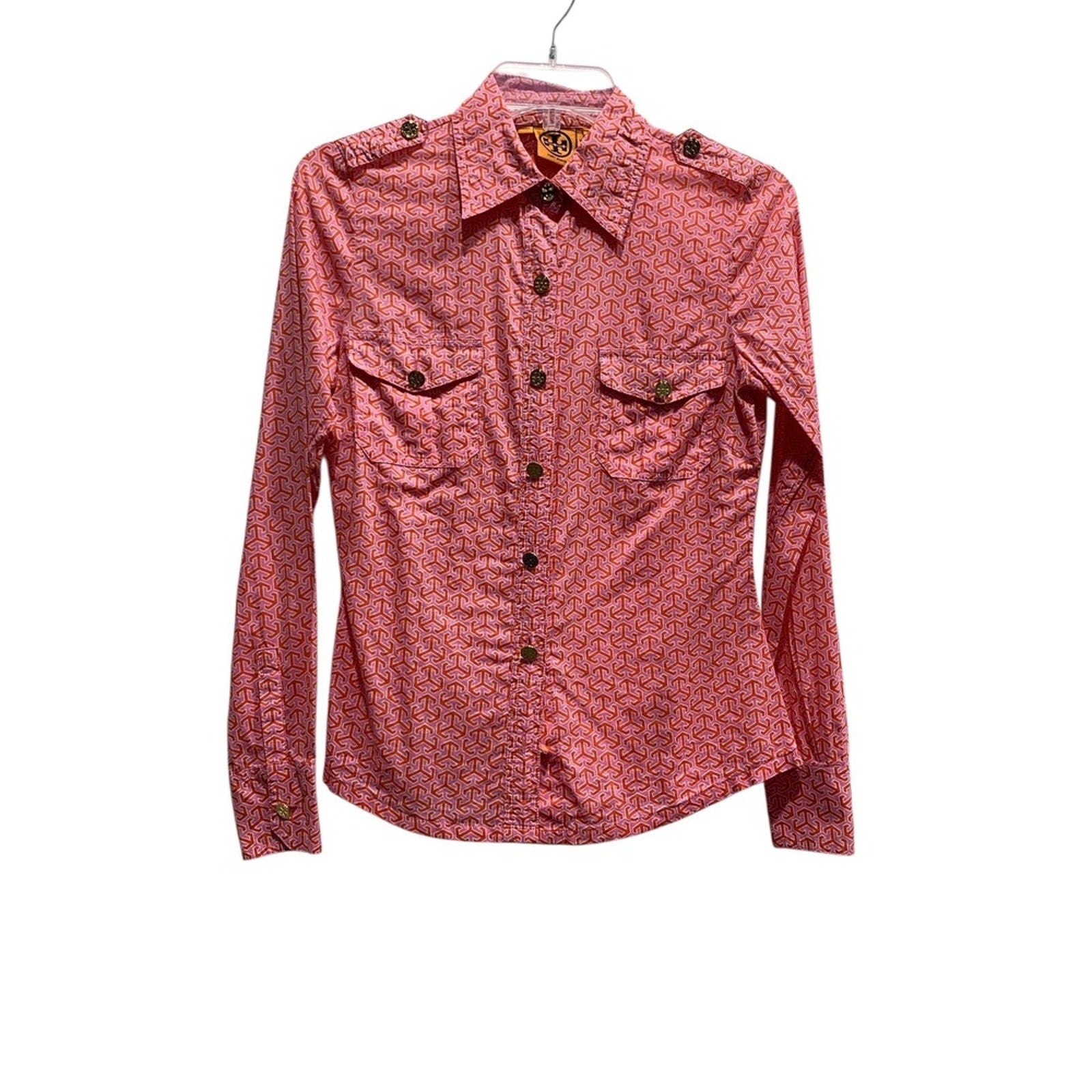 Tory Burch Button Down Long Sleeve Shirt Anchor Print Red Size 2