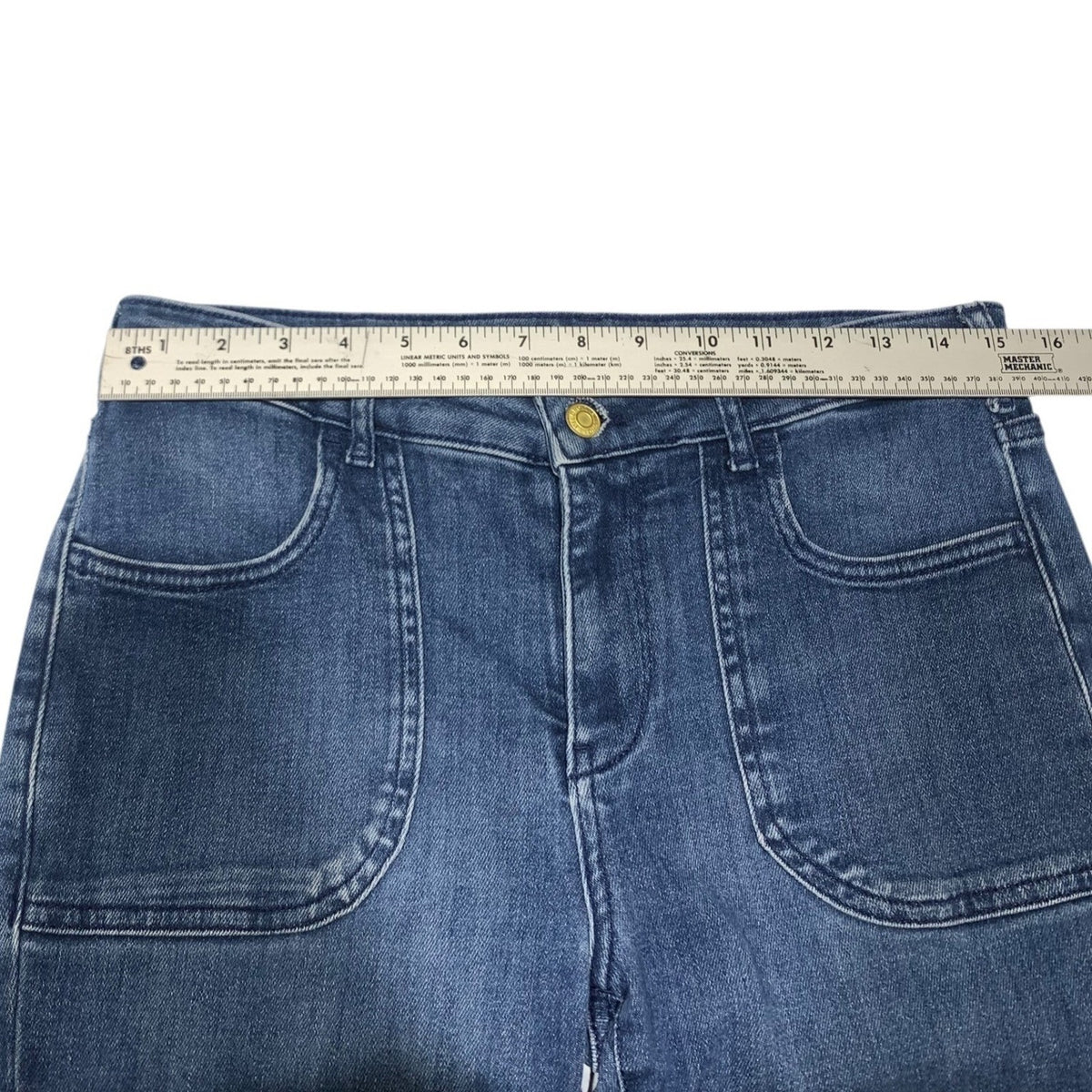 Pilcro and the Letterpress Flare Jeans Medium Wash Patch Pocket Raw Hem 29