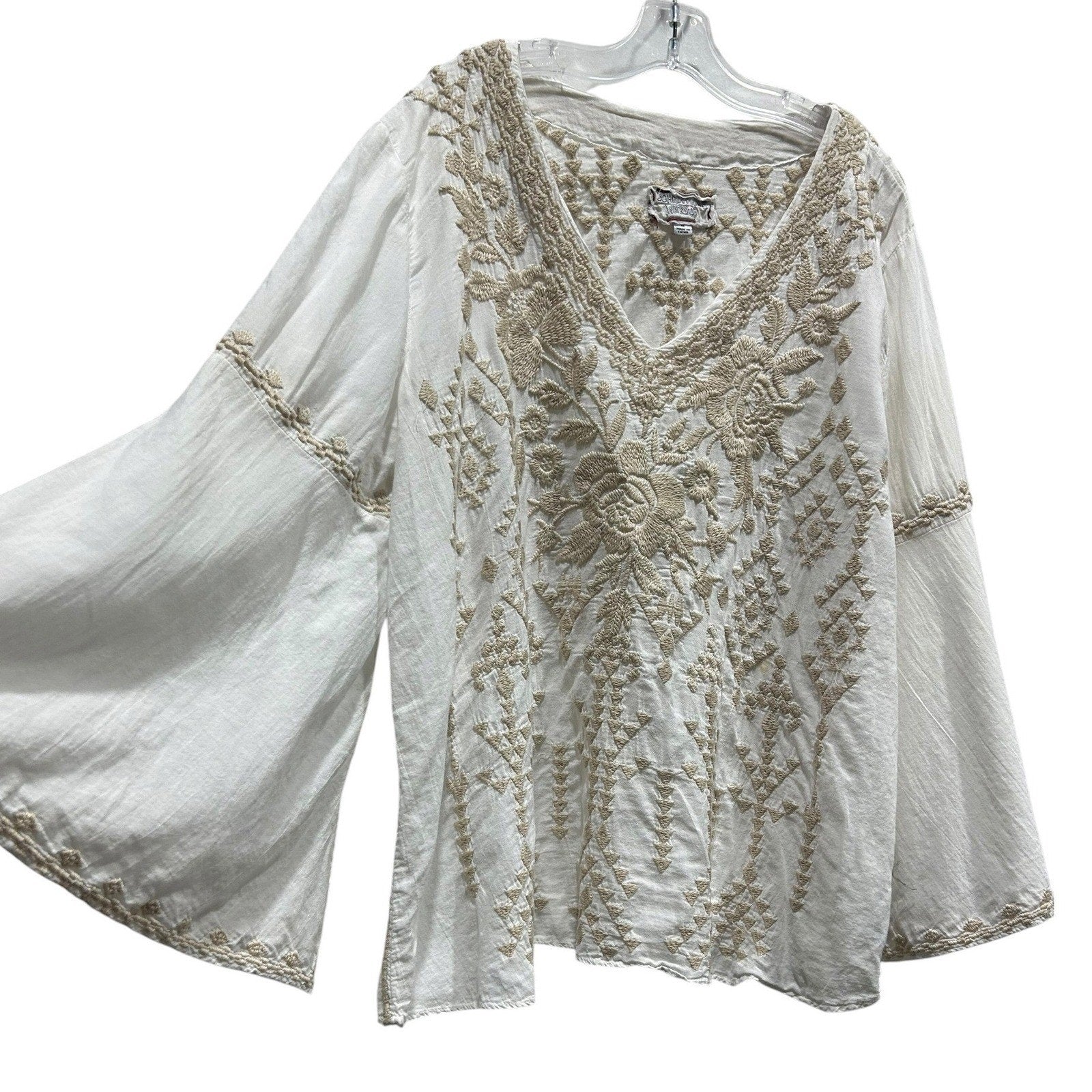 Johnny Was Workshop White Embroidered Bell Sleeve Peasant Blouse W14719-3 XS