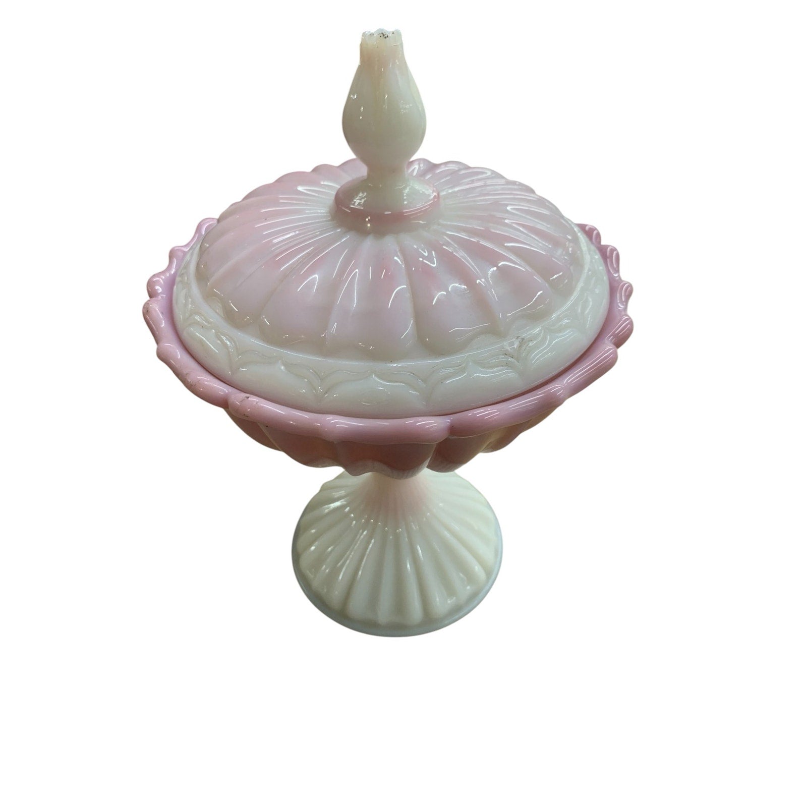 Pink & White Fenton Milk Glass Candy Dish w/ Lid