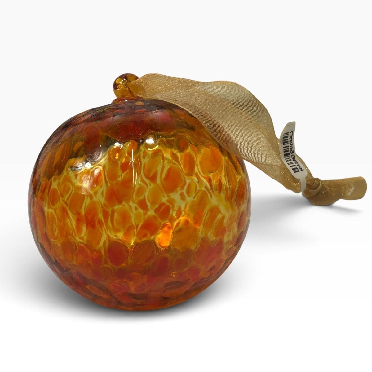 Crate & Barrel Blown Glass Christmas Ornament Amber Orange Swirl Crackle Ball