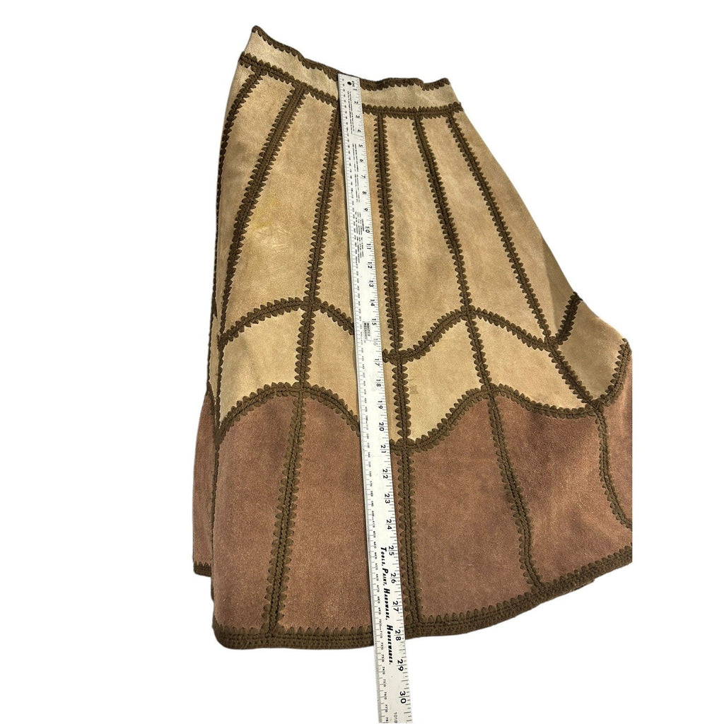 Young East Vintage 70s Patchwork Suede Leather Crochet Trim Midi Skirt Brown 7/8