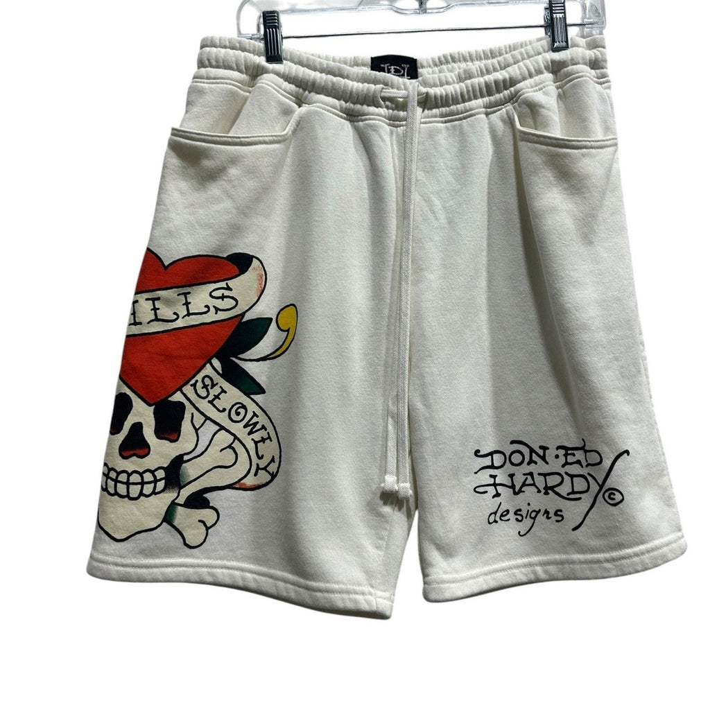 Ed Hardy Mens Kills Slowly Skull Heart Graphic Sweat Shorts Cream White Medium