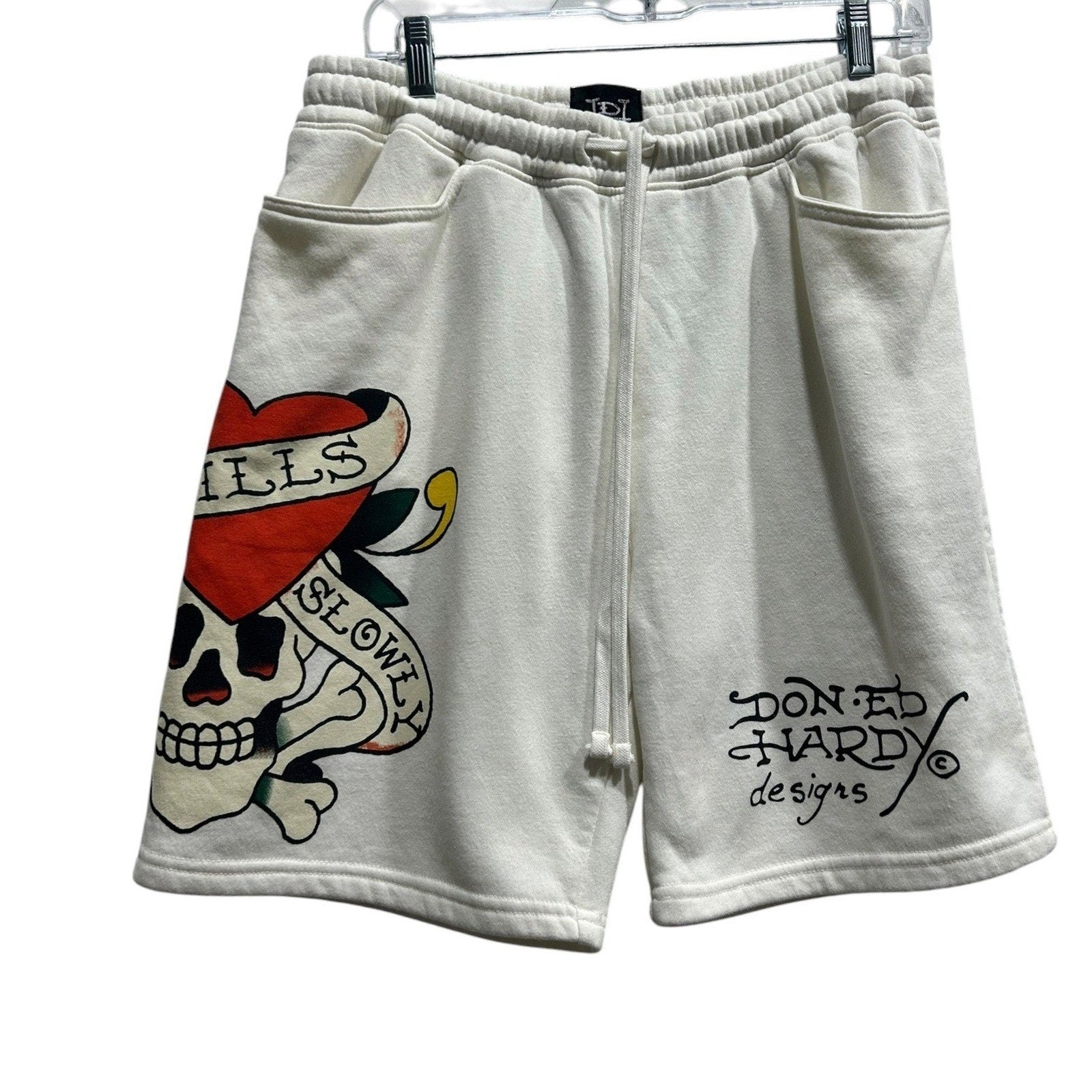 Ed Hardy Mens Kills Slowly Skull Heart Graphic Sweat Shorts Cream White Medium