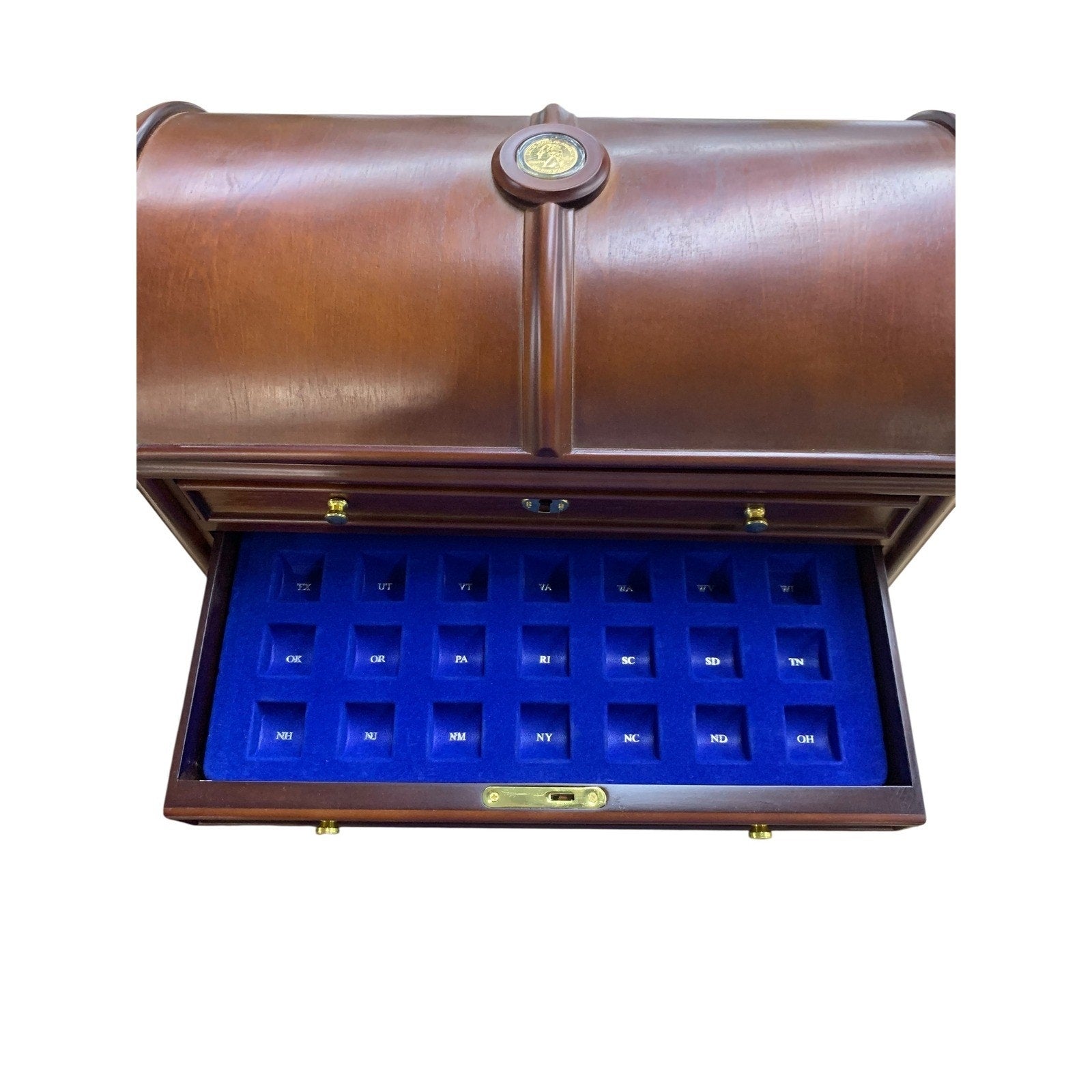 Vintage Wooden Coin Collectors Chest Roll Top Storage Box Display Case