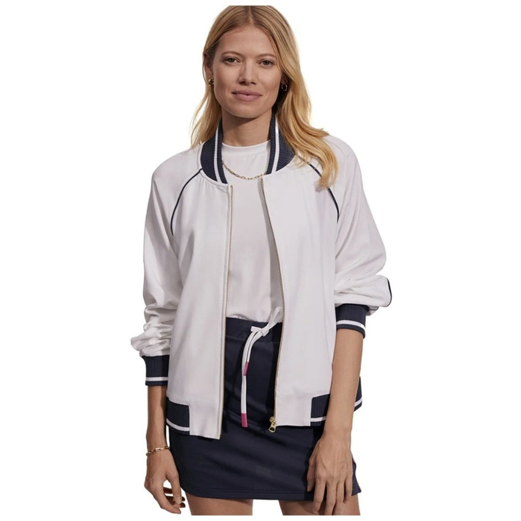 VARLEY Womens White Navy Trim Bomber Jacket Zip Front Athletic Style Size Small