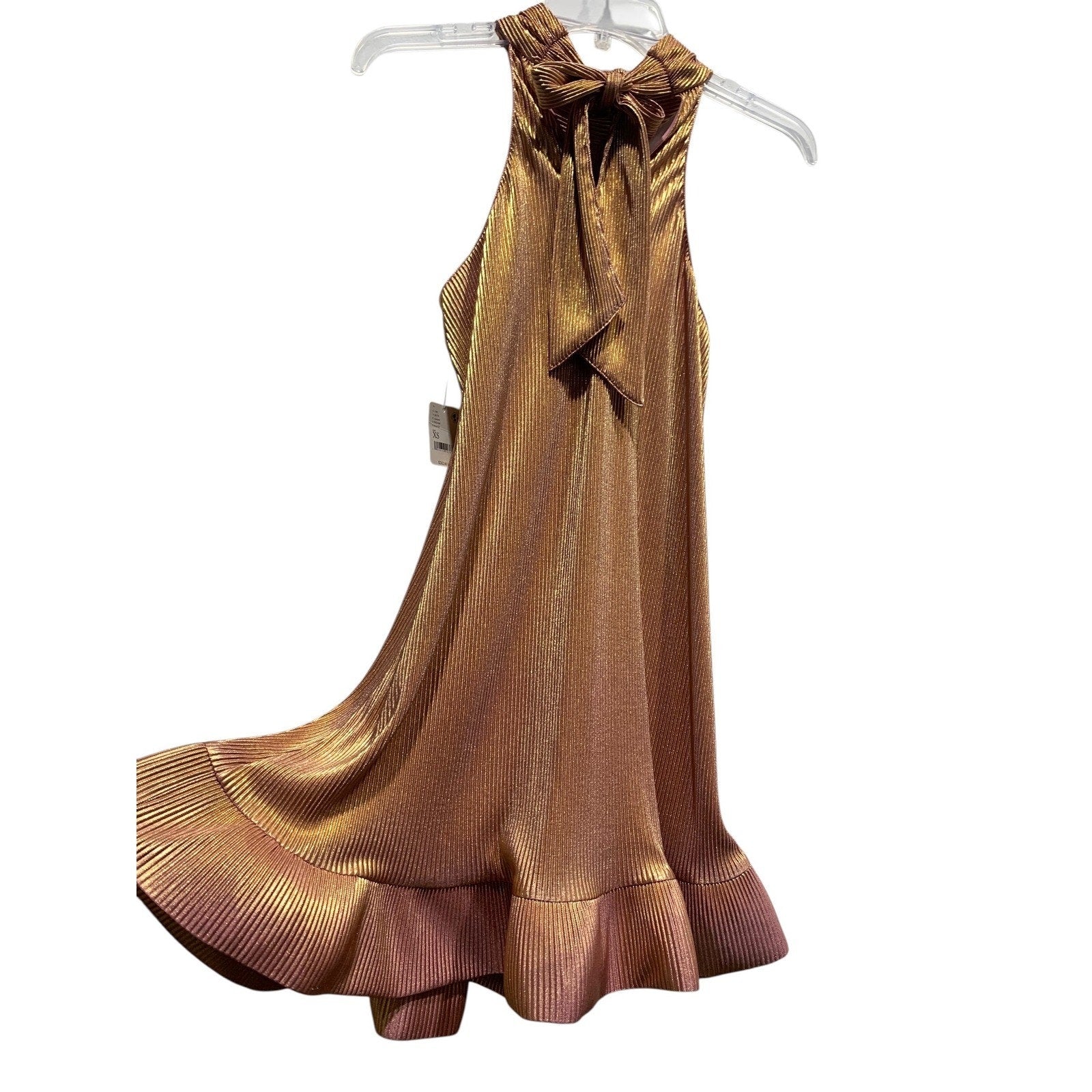 NWT SAYLOR Rose Gold Metallic Pleated Mini Dress Halter Neck Tie Back XS