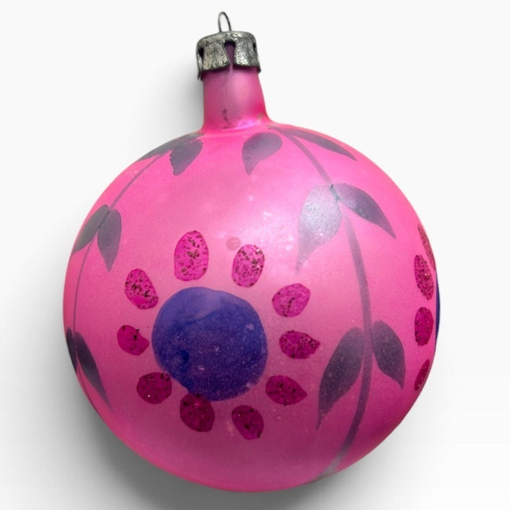 Vintage Poland Pink Glass Christmas Ornament Hand Painted Floral Glitter 2.5"