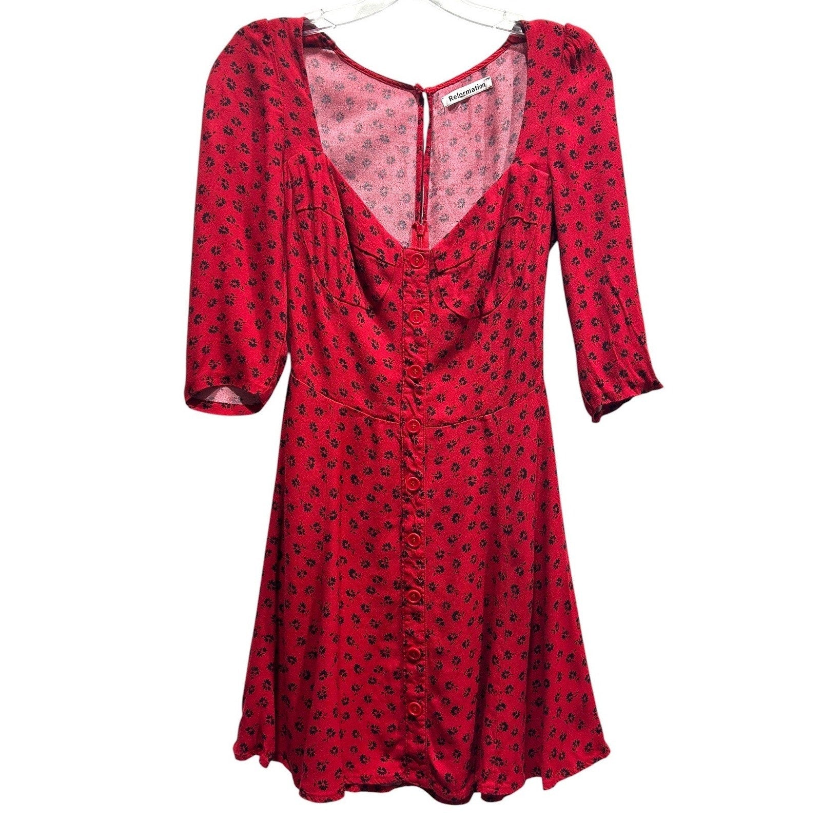 Reformation Red Black Floral Sweetheart Button Front Mini Dress Size 6
