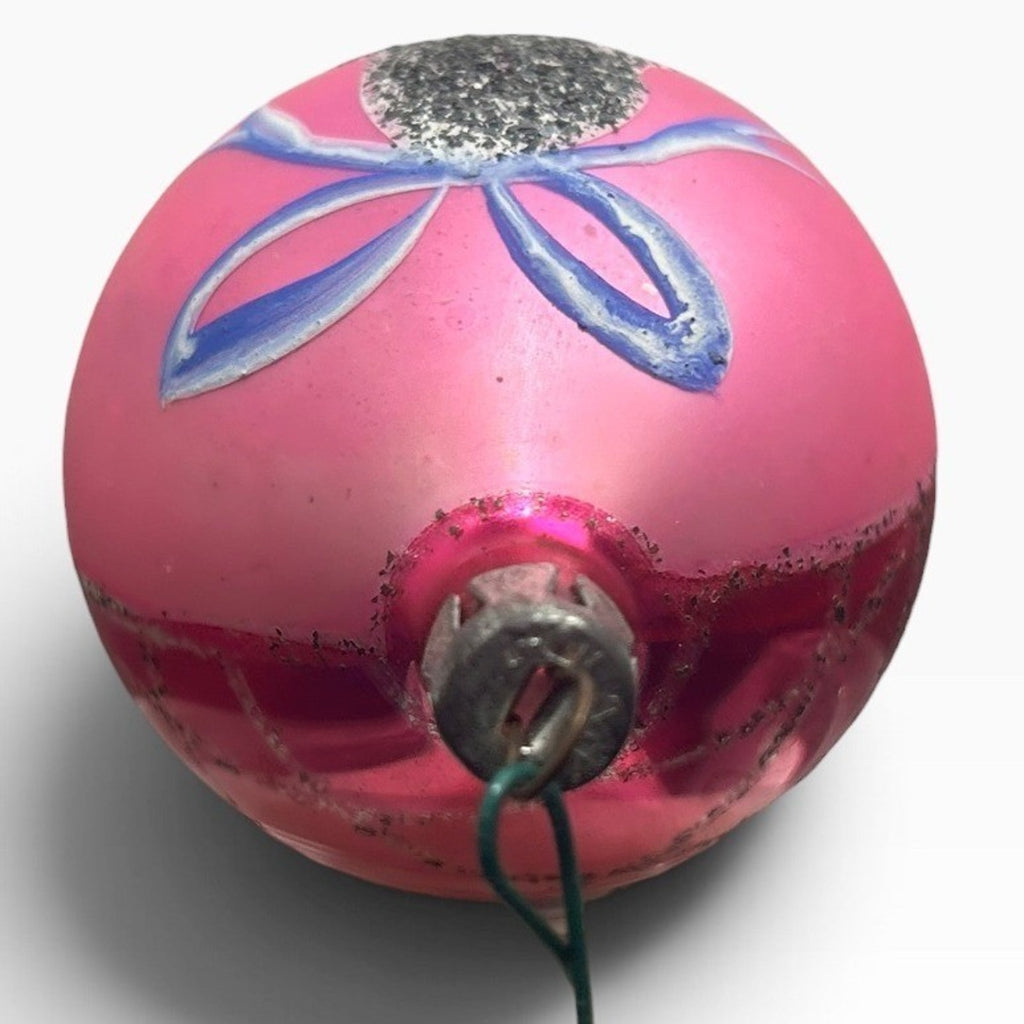 Vintage Poland Glass Teardrop Christmas Ornament Pink Bell Silver Glitter 3.5in