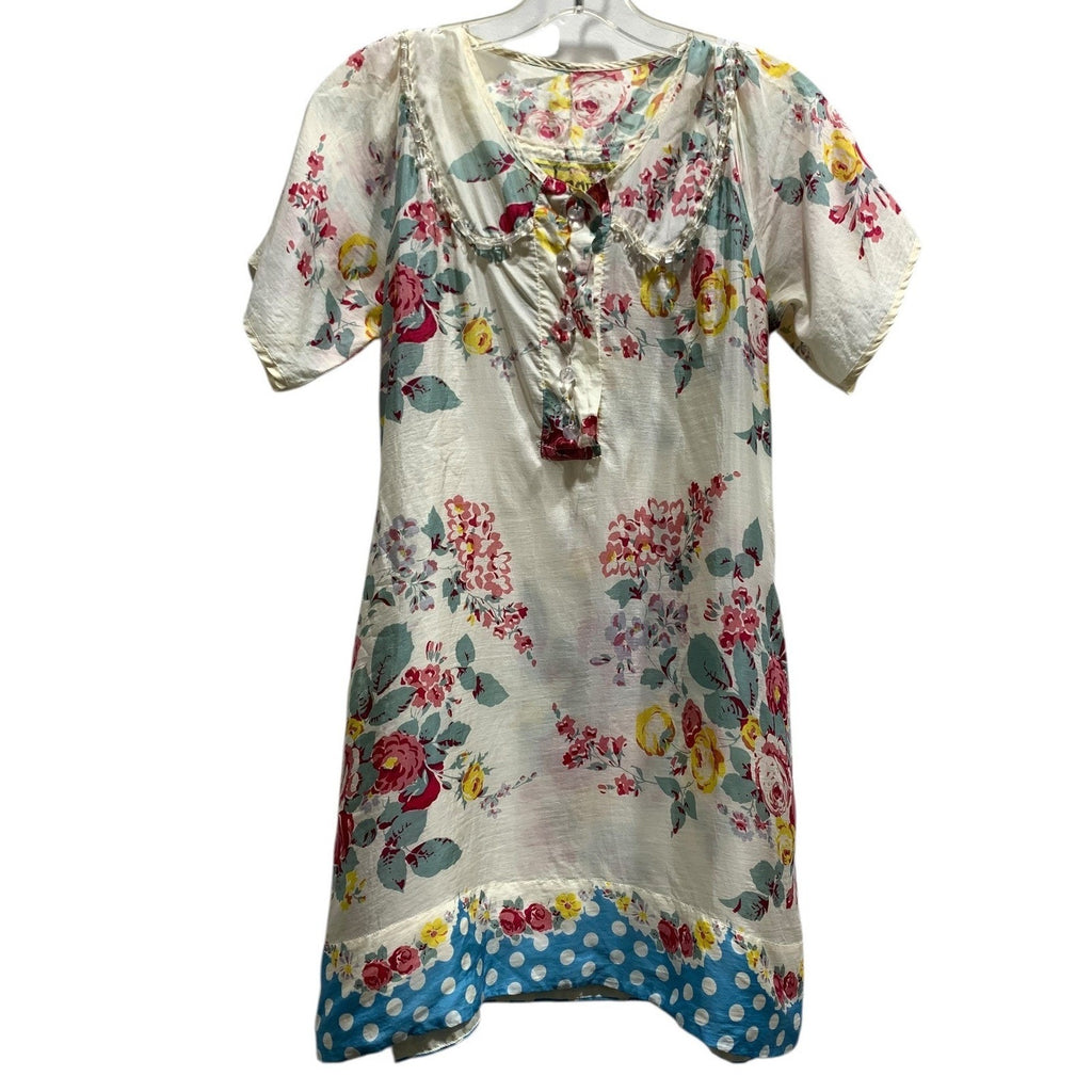 Johnny Was Silk Floral Tunic Dress XS Beaded Neckline Polka Dot Hem Vintage