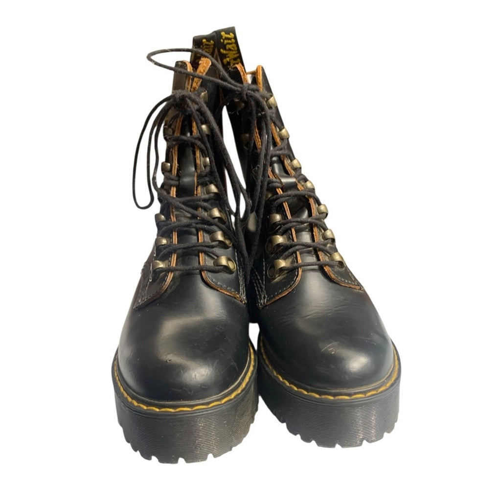 Dr Martens Leona Black Leather Platform Combat Boots Womens Size 7