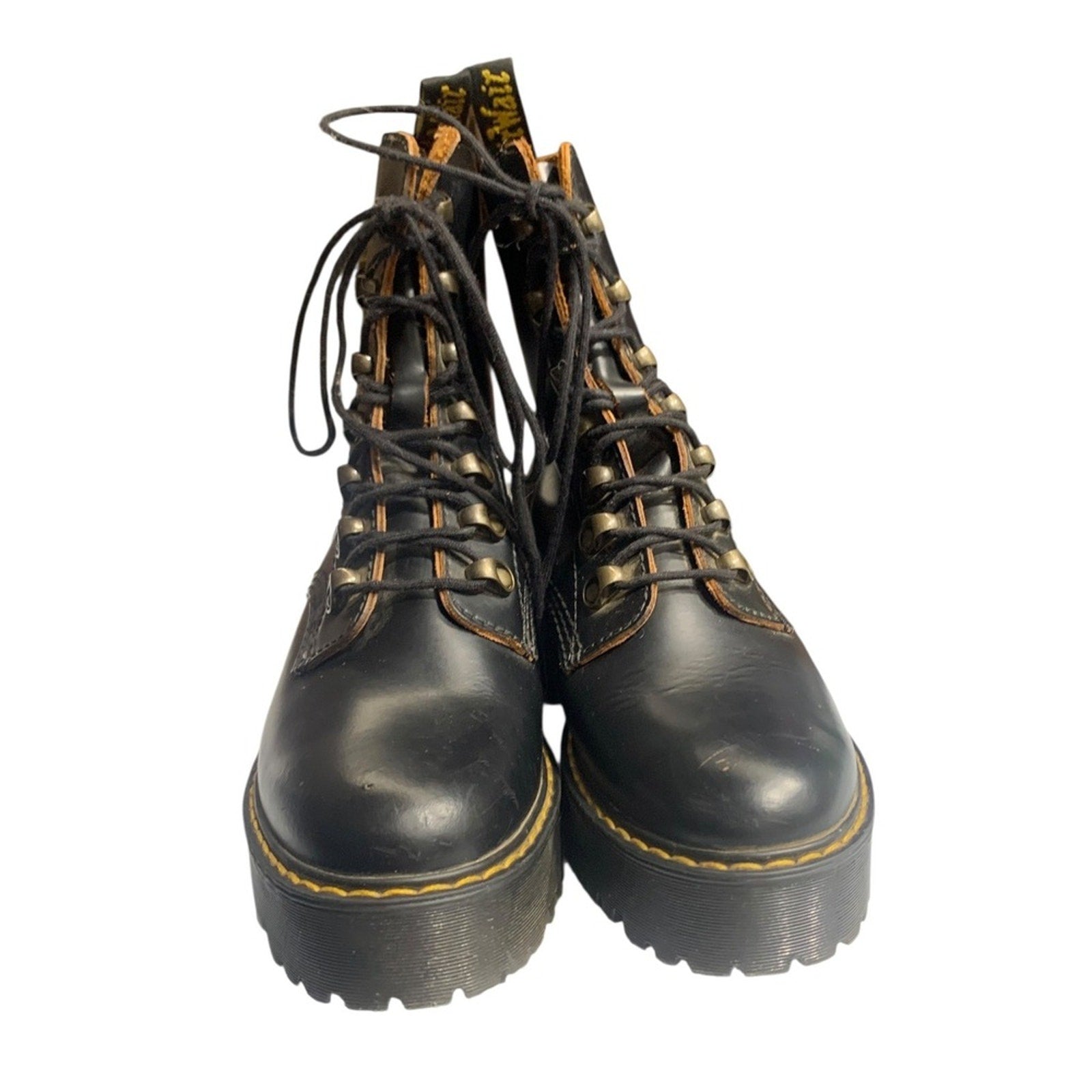 Dr Martens Leona Black Leather Platform Combat Boots Womens Size 7