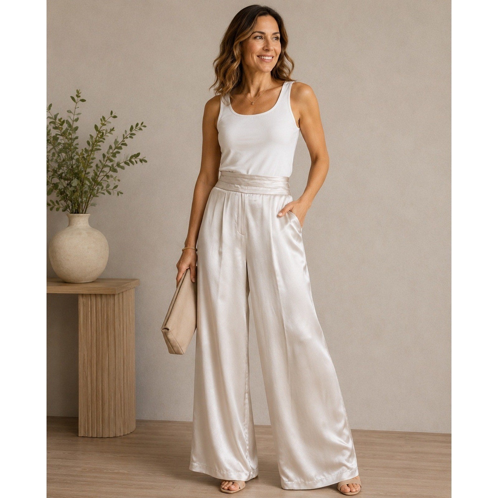 RAMY BROOK Pants NEW Size 8 Full Length Joss Pant Satin Wide Leg Trousers Beige