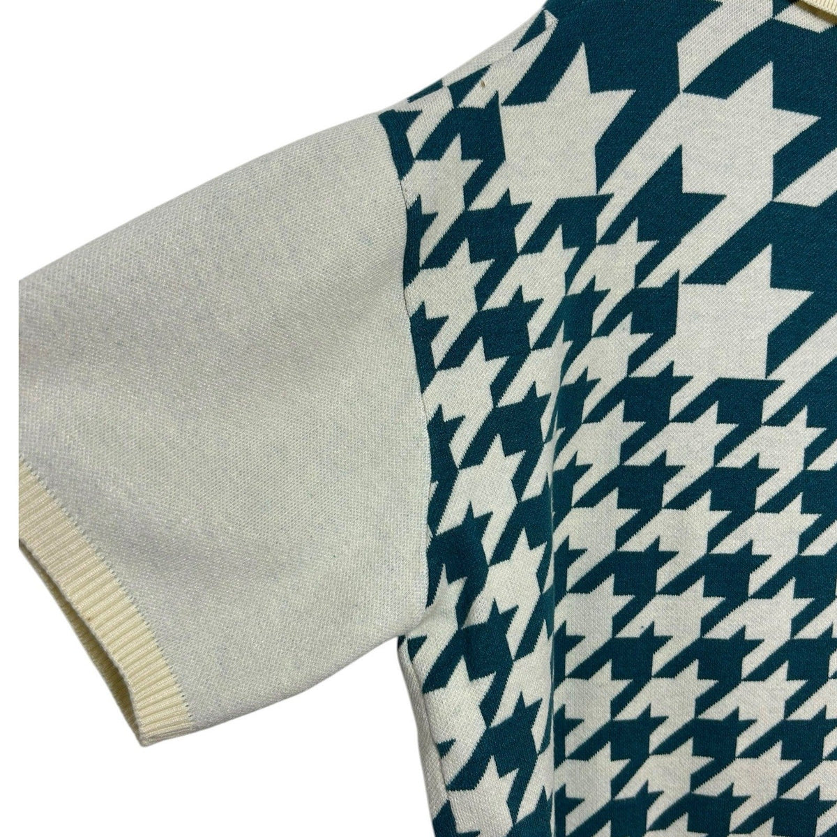 mnml Mens Teal Houndstooth Knit Short Sleeve Button Shirt XXL NWT Career Retro