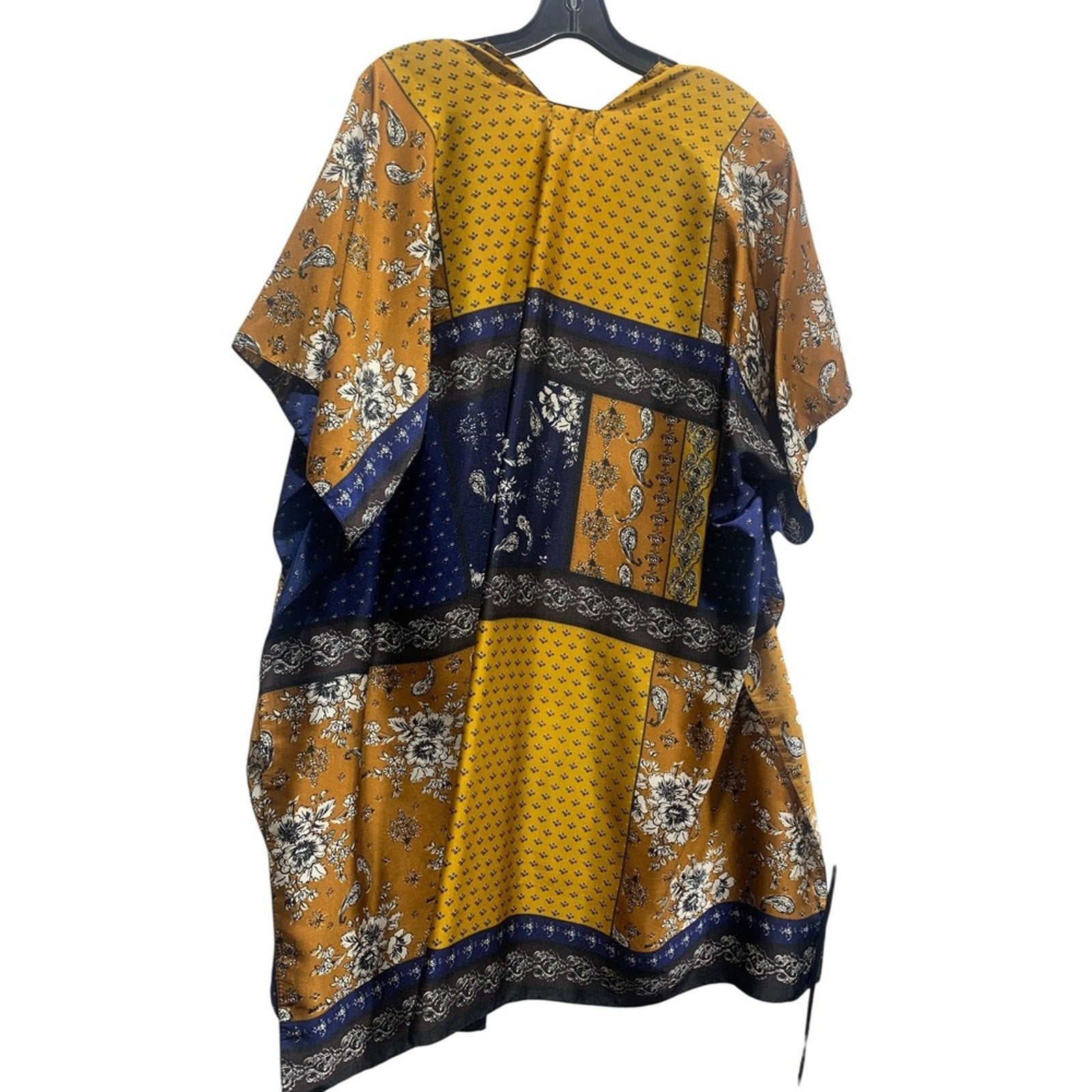 Free People Gold and Blue Mon Cheri Satin Floral Kimono, One Size