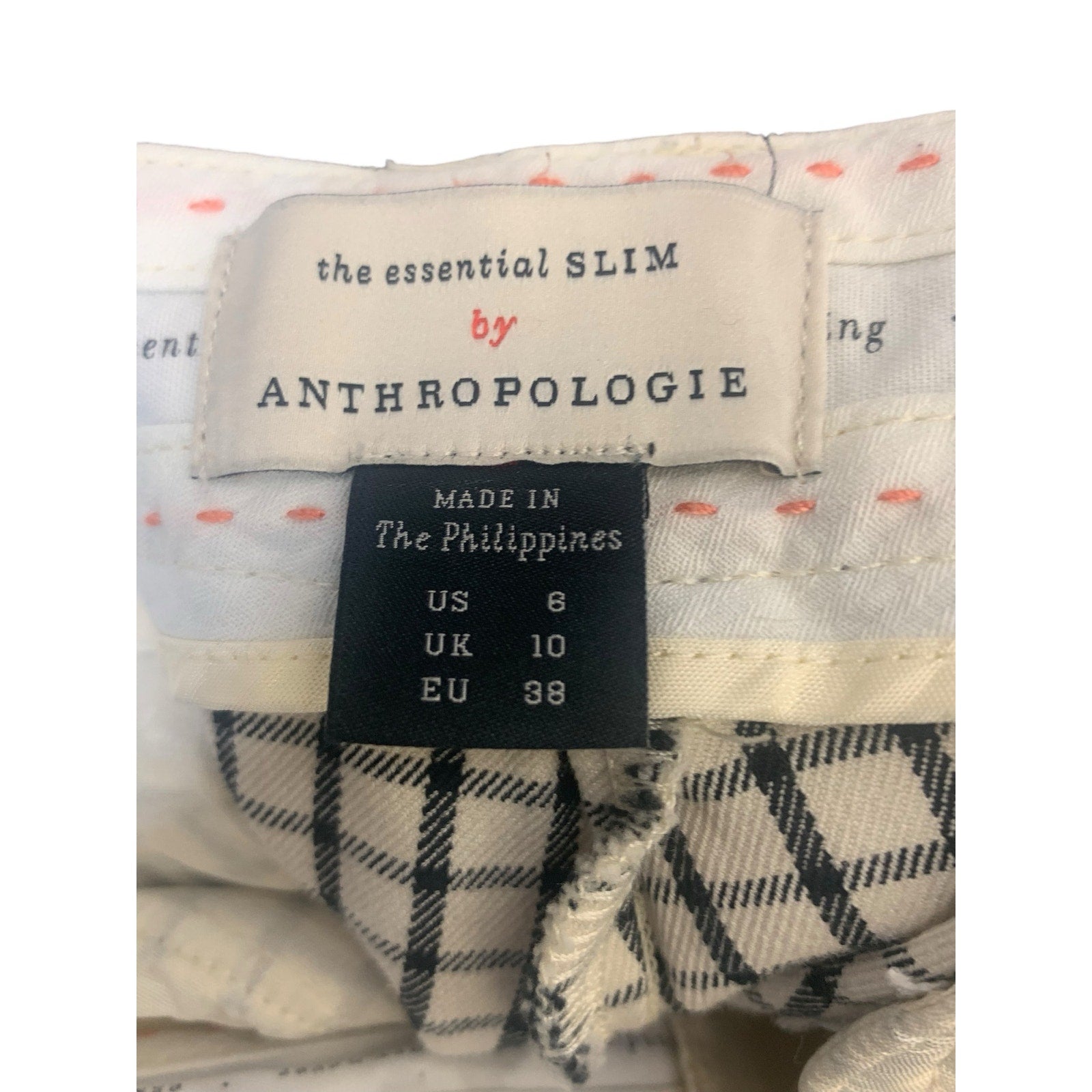 Anthropologie The Essential Slim Trousers Cream/Black Plaid Pants SZ 8