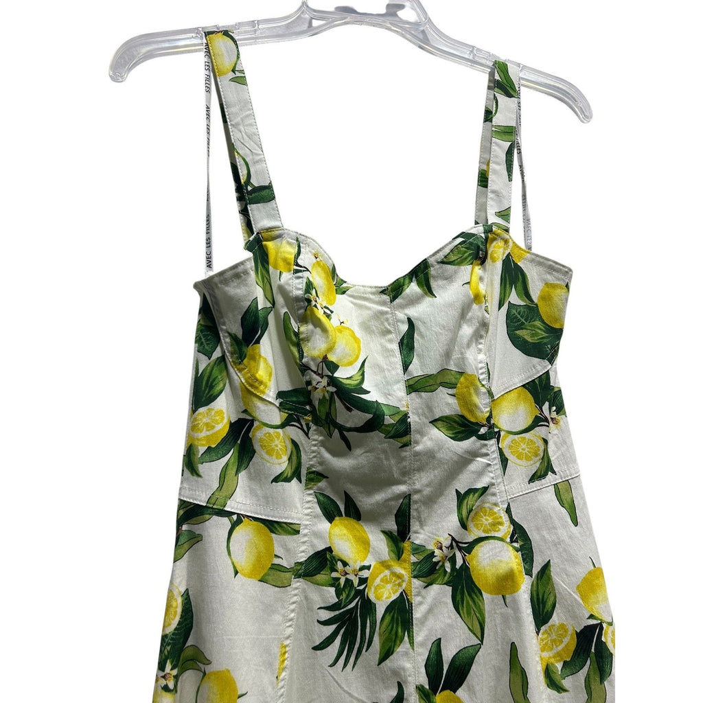 Avec Les Filles Lemon Print Midi Dress White Yellow Cotton Blend Size 6