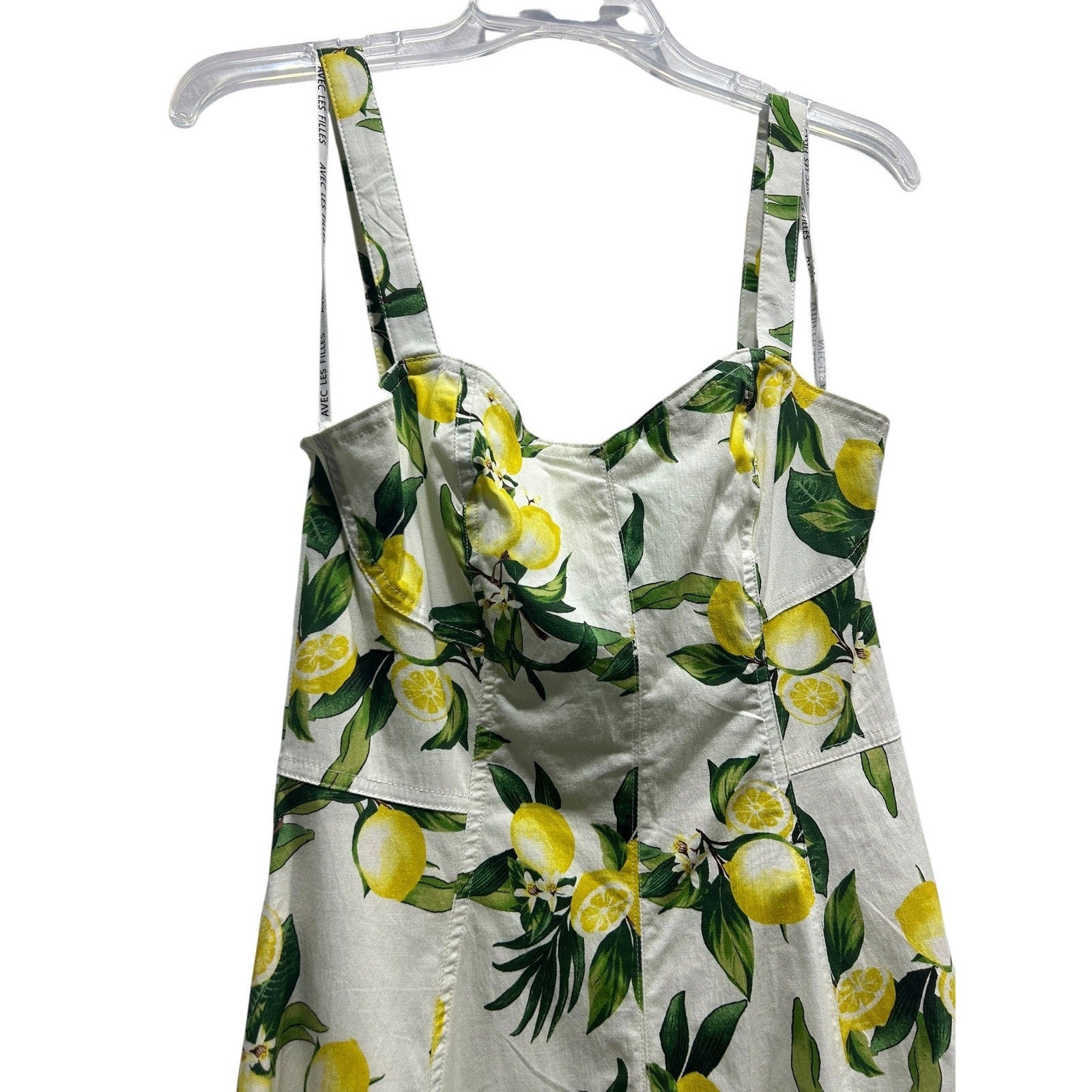 Avec Les Filles Lemon Print Midi Dress White Yellow Cotton Blend Size 6