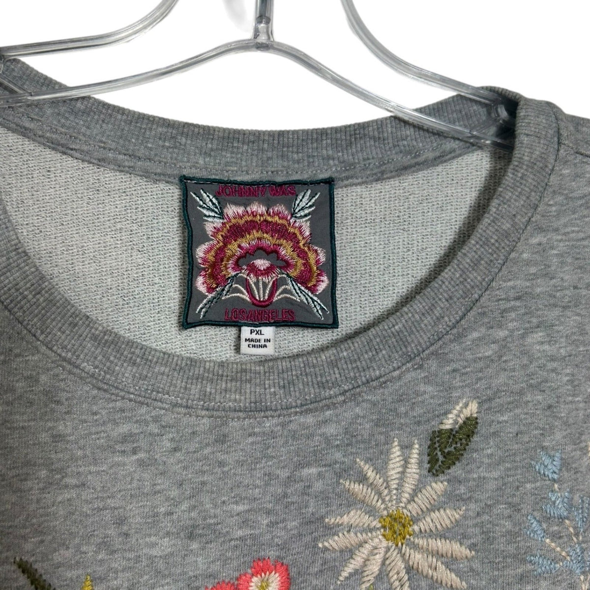 Johnny Was Catalina Terry Floral Embroidered Sweatshirt Grey PXL cottagecore