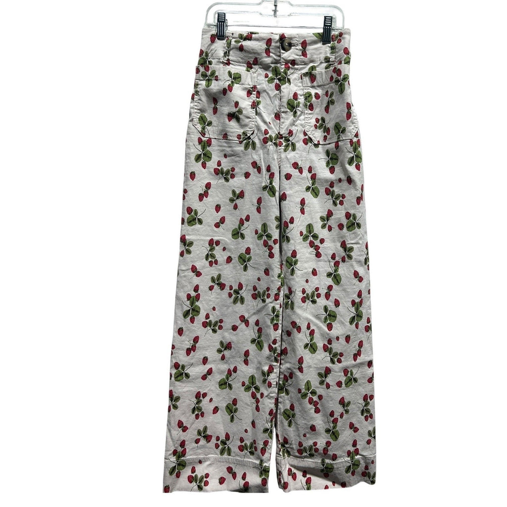 Maeve Anthropologie The Colette Strawberry Print Wide Leg Cropped Pants Size 25