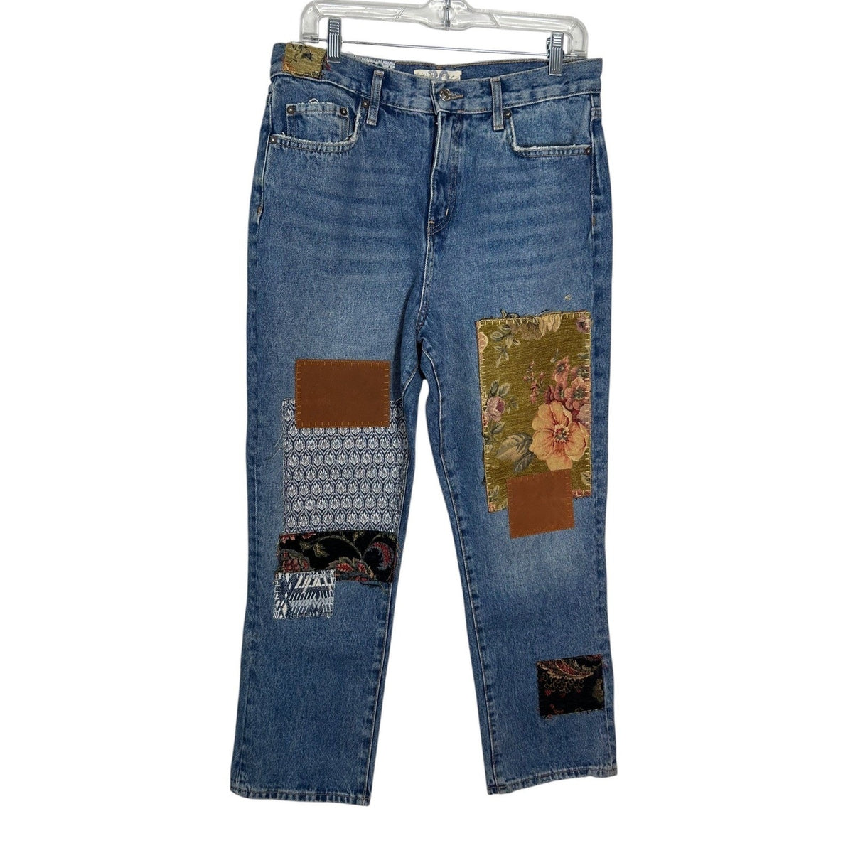 Free People We The Free Poppy Patch Straight Leg Jeans Size 30 Boho Floral Blue