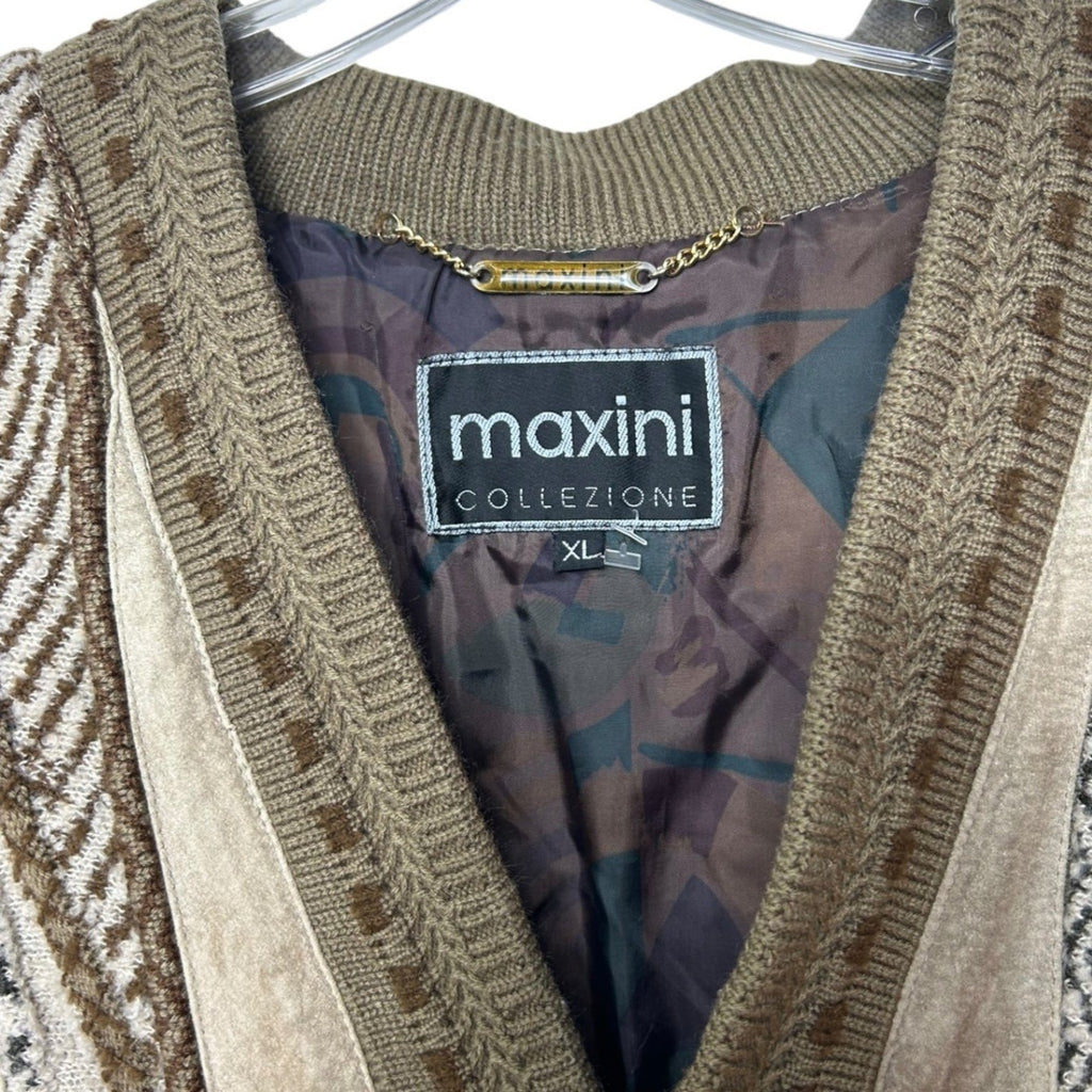 Vintage Maxini Collezione Suede 3D Knit Cardigan Jacket Mens XL Brown Tan patch