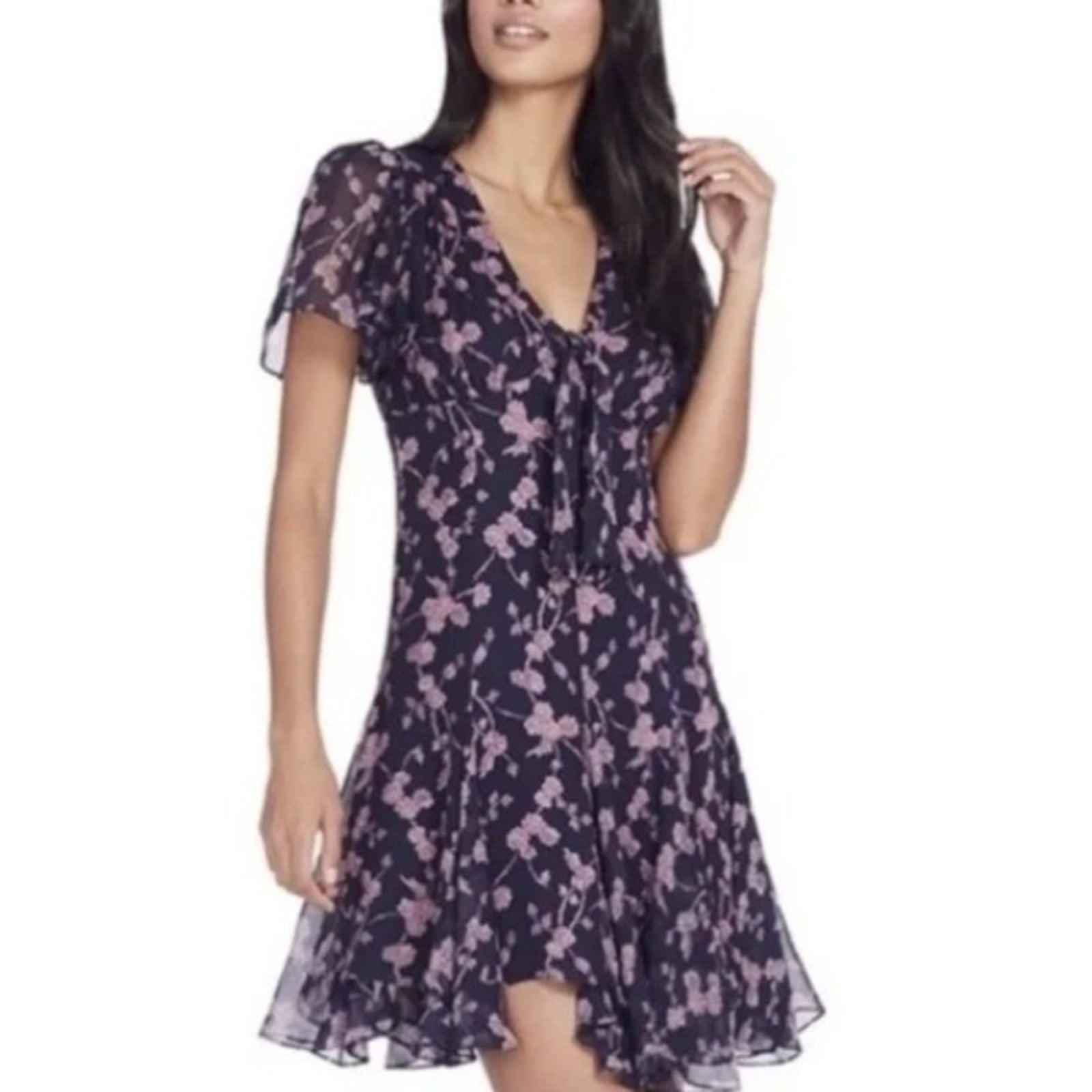 Cinq a Sept Floral Annali silk Dress Womens Dress Sz 8 Tie Front Flutter Sleeve