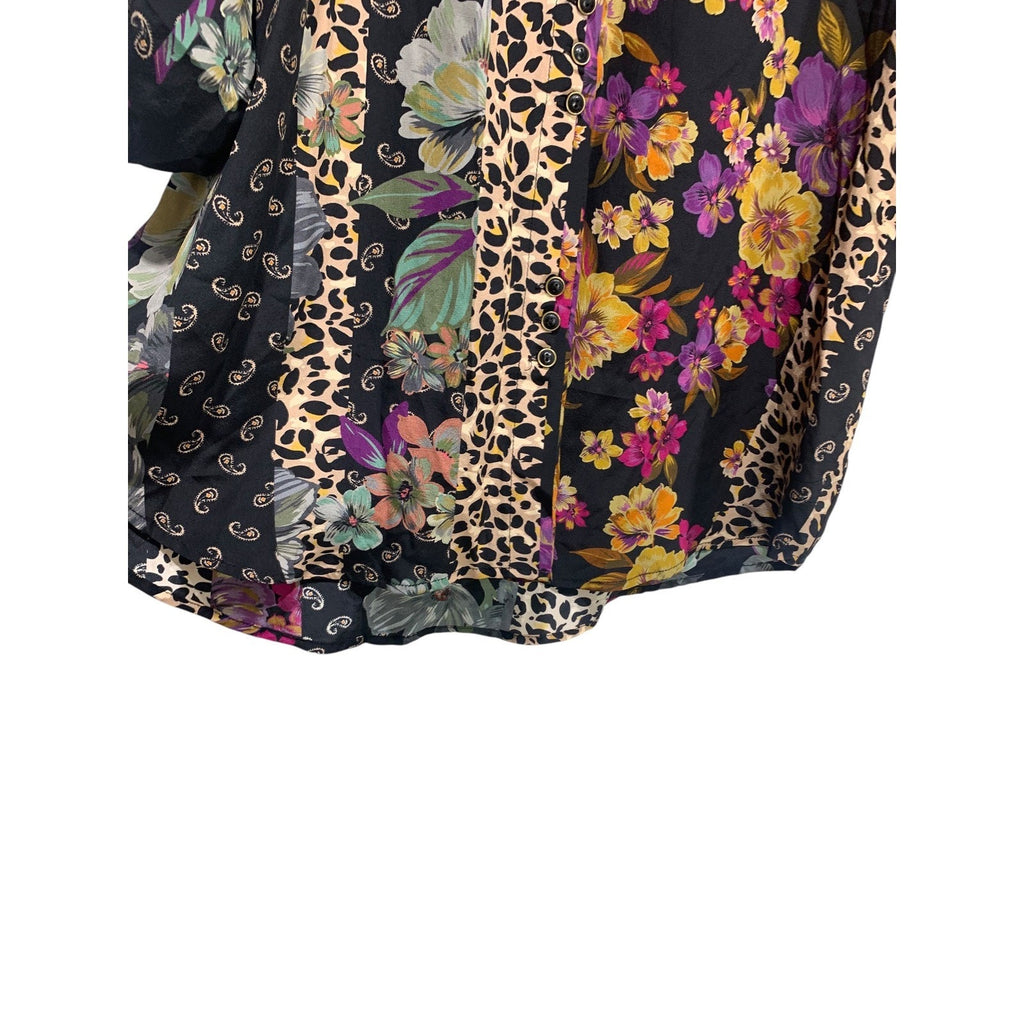 Johnny Was Zane Silk Easy Blouse Blend Patchwork Floral Leopard XL Black Multi