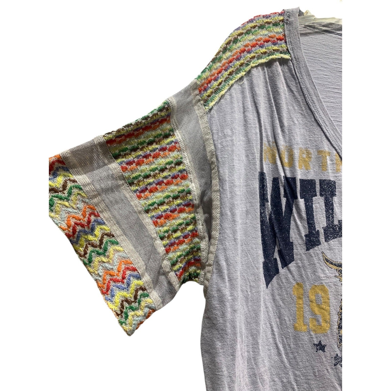 We The Free Free People Wildcats Graphic Tee Grey XS OB985547 embroidered sleeve