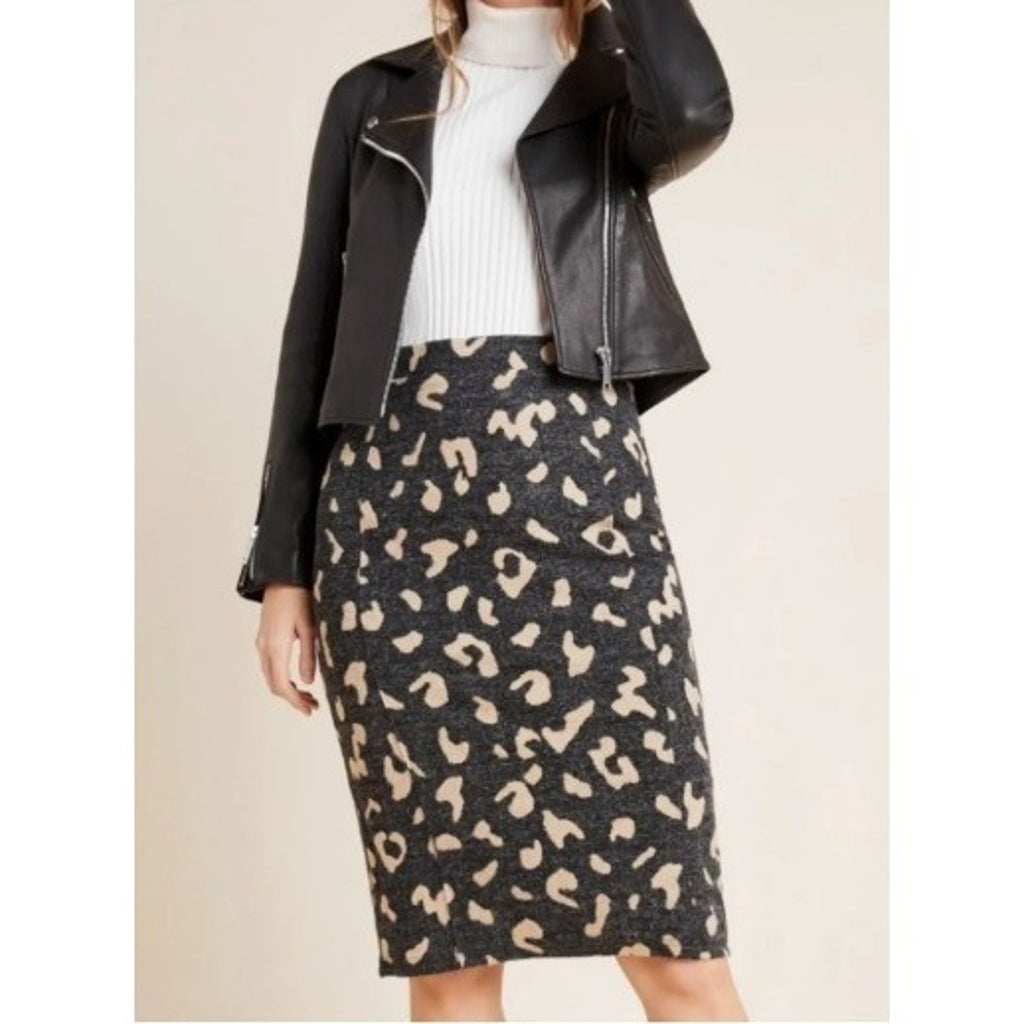Anthropologie Maeve Delphine Leopard Sweater Pencil Skirt XL Gray Tan Midi Lined