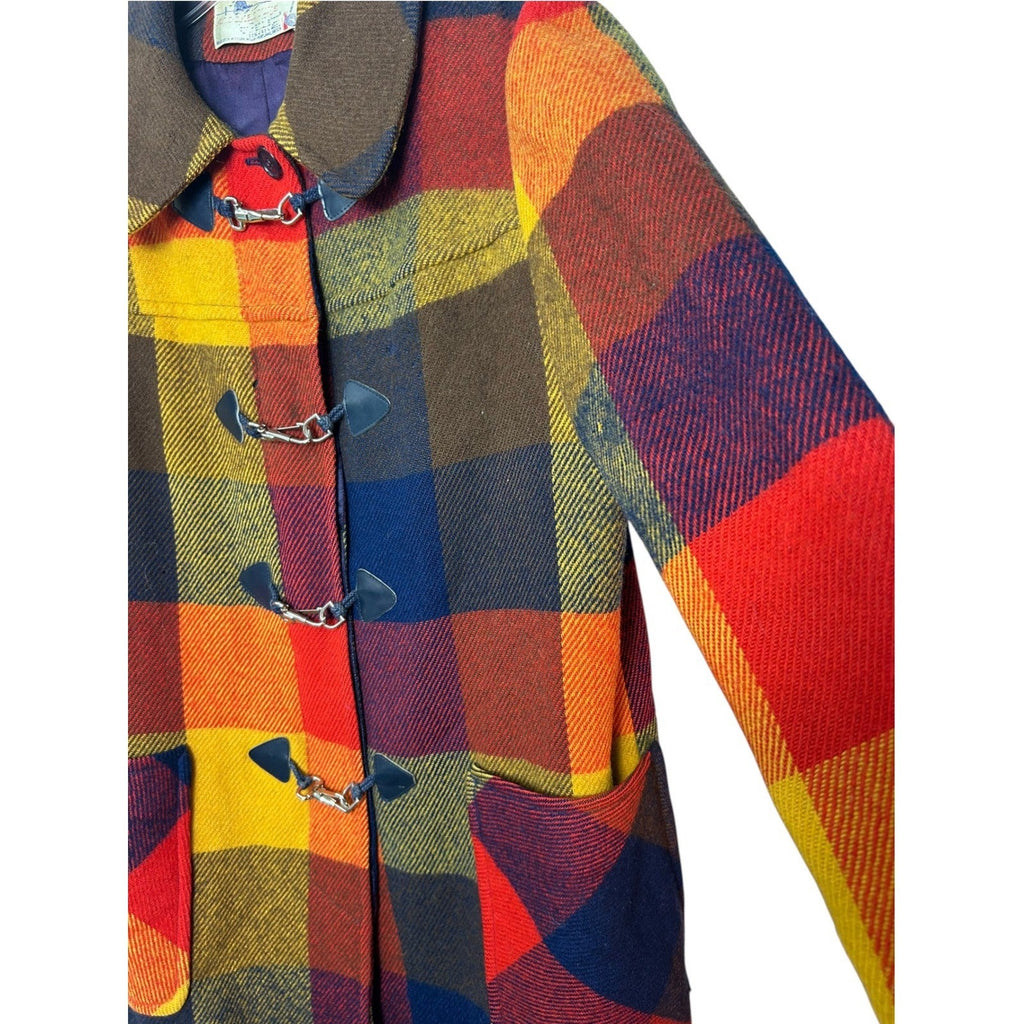 Vintage Pendleton Knockabouts Wool Plaid Coat Lobster Claw Toggle Red Orange L