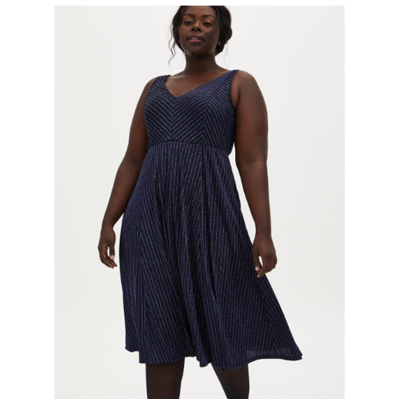 NWT TORRID Dark Blue & Multi Stripe Shimmer Midi Skater Dress sz 4