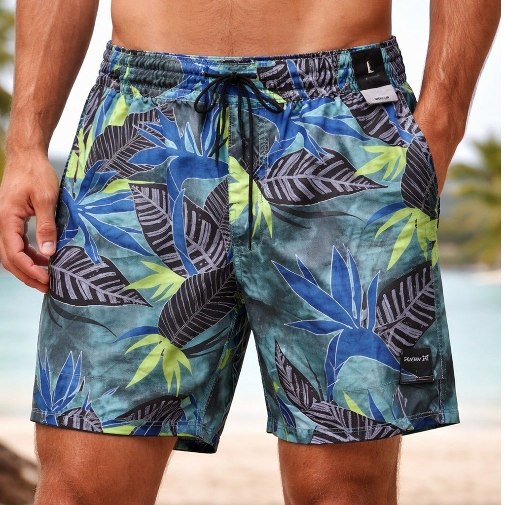 Hurley Mens Tropical Leaf Print Swim Trunks Teal Blue Lime Green Size Large 17"